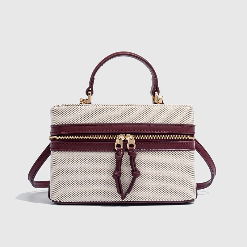 Cream & Burgundy Top-Handle Bag